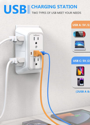 Outlet Extender Surge Protector - 6 Outlet Splitter with 4 USB Ports (2 USB C), Multiple Plug Expander Wall Charger, 3 Sided Multi Plug Wall Adapter Power Strip for Home Office Kitchen Travel