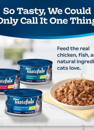 Blue Buffalo Tastefuls Flaked Wet Cat Food Variety Pack, Made with Natural Ingredients, Tuna, Chicken, Fish & Shrimp, 3-oz Cans (12 Count, 4 of Each)