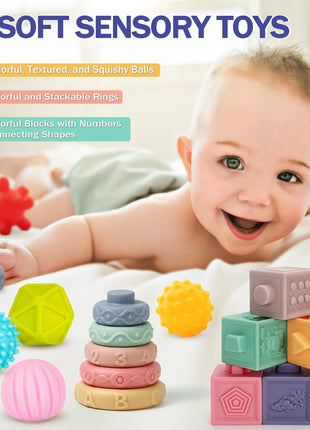 Baby Toys 6 to 12 Months, 5 In 1 Montessori Toys for 1 Year Old, Incl Travel Pull String Toy & Rattle Teether & Stacking Baby Block & Soft Infant Ring & Sensory Ball for Toddler 0-3-6-9-12 Month