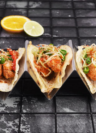 Taco Holders 4 Packs - Stainless Steel Taco Stand Rack Tray Style, Oven Safe for Baking, Dishwasher and Grill Safe