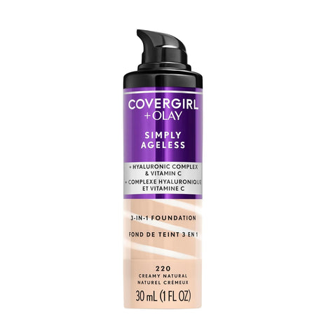 CoverGirl & Olay Simply Ageless 3-in-1 Liquid Foundation, Matte Finish, Hyaluronic & Vitamin C Formula, Creamy Natural, 1 Count