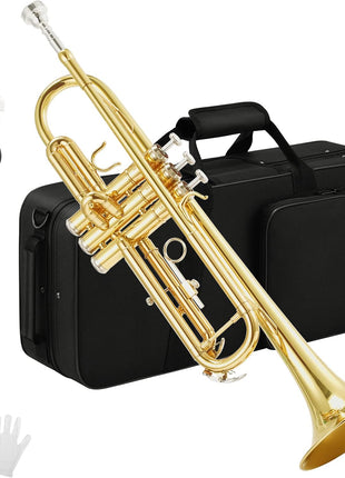 Eastar Bb Standard Trumpet Set for Beginner, Brass Student Trumpet Instrument with Hard Case, Cleaning Kit, 7C Mouthpiece and Gloves, ETR 380, Golden