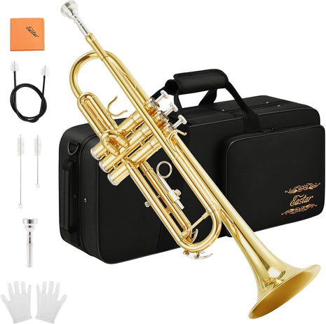 Eastar Bb Standard Trumpet Set for Beginner, Brass Student Trumpet Instrument with Hard Case, Cleaning Kit, 7C Mouthpiece and Gloves, ETR 380, Golden