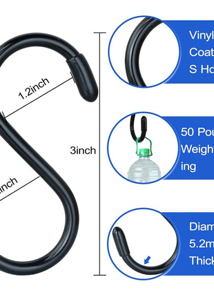 3 Inch Vinyl Coated S Hook,S Hooks for Hanging Plants ,10 Pack Non Slip Heavy Duty S Hooks ,Small Rubber Coated Steel Metal Black Closet S Hook for Hanging Jeans Plants Jewelry Pot Pan Cups Towels
