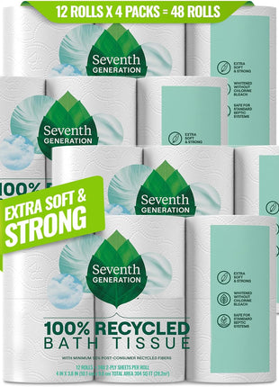 Seventh Generation Toilet Paper Recycled Bath Tissue 4-Pack 100% Recycled Paper 2-ply without Chlorine Bleach 12 Rolls