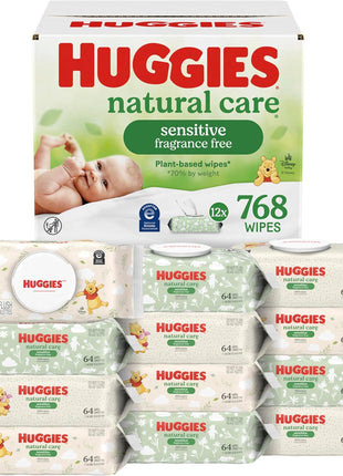 Huggies Natural Care Sensitive Baby Wipes, Unscented, Hypoallergenic, 99% Purified Water, 12 Flip-Top Packs (768 Wipes Total), Packaging May Vary