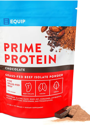Equip Prime Chocolate Protein Powder - Gut-Friendly, No Sugar Protein Shake Powder with Grass-Fed Beef & Natural Collagen - Rich & Creamy Mix - 21g Per Serving - Whey & Dairy-Free (30 Scoops)