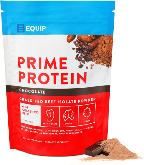 Equip Prime Chocolate Protein Powder - Gut-Friendly, No Sugar Protein Shake Powder with Grass-Fed Beef & Natural Collagen - Rich & Creamy Mix - 21g Per Serving - Whey & Dairy-Free (30 Scoops)
