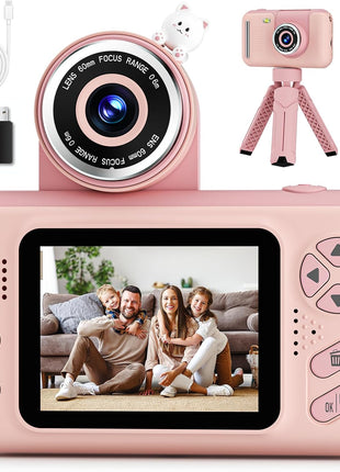 Makolle Kids Camera Toys for Girls 3-12 Year Old, Pink | Children Travel Camera HD Digital Video Camcorder, With Tripod, SD Card Included, Toddler Festival Birthday Gifts