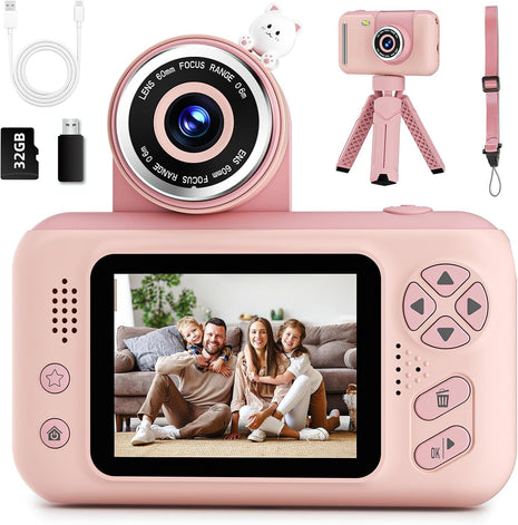 Makolle Kids Camera Toys for Girls 3-12 Year Old, Pink | Children Travel Camera HD Digital Video Camcorder, With Tripod, SD Card Included, Toddler Festival Birthday Gifts