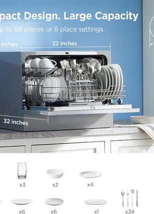Midea MDC22P2ASS Countertop Dishwasher, 6 Place Settings & 6+2 Washing Cycles Portable Dishwashers, Energy Star Dish Washer for Dorm, RV & Apartment, Silver
