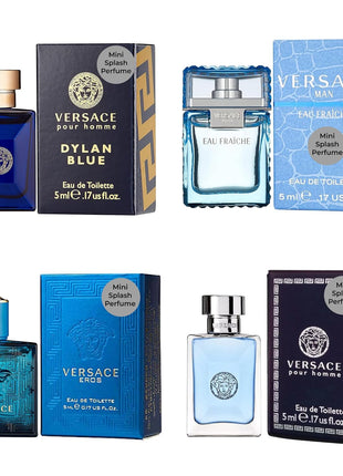 Versace Cologne for Men Set of 4 Mini Eros, Pour Homme, Dylan Blue, Eau Fraiche Perfume for Men Fragrance Sampler Set - Designer Mens Cologne Samples (4 Count, 0.17 oz)