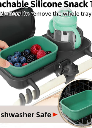 Universal Stroller Snack Tray, Cup Holder & Removable Silicone Tray | Stable Dual-Lock, No-Slip Silicone Arms, Dishwasher Safe, Fits Uppababy/Nuna/Mockingbird, Secure Grip for 0.4"-1.5" Bars
