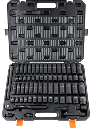 VEVOR 1/2 inch Drive Impact Socket Set, 65 Piece SAE 3/8 inch to 1-1/4 inch and Metric 10-24mm, 6 Point Cr-V Alloy Steel for Auto Repair, Easy-to-Read Size Markings, Rugged Construction, Storage Case