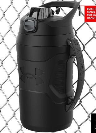 Under Armour Half Gallon Water Bottle Insulated, 64oz Insulated Water Bottle with Handle, Fence Hook, Leak Resistant, for Baseball, Football & More - Black/Black