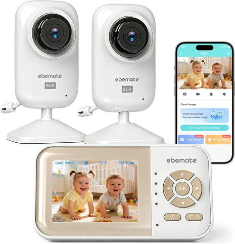 ebemate Update Freedom Wi-Fi Baby Monitor with 2 Camera, 2.8inch LCD Screen Video & Audio with 4 x Zoom Mode & 720P HD Camera, 2-Way Talk Cam with Intelligent Review & Growth Album,1200FT