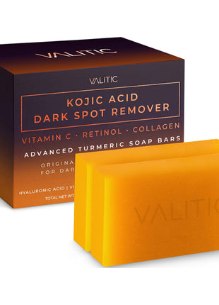 VALITIC Kojic Acid Dark Spot Remover Soap Bars with Vitamin C, Retinol, Collagen, Turmeric - Original Japanese Complex Infused with Hyaluronic Acid, Vitamin E, Shea Butter, Castile Olive Oil (2 Pack)