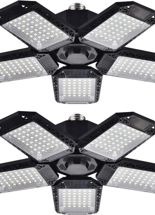 Mefflypee 2 Pack LED Garage Lights, 120W Deformable LED Garage Ceiling Light with 5 Adjustable Panels, 12000LM E26 Shop Lamp for Basement, Barn, High Bay, Store (2 Pack)