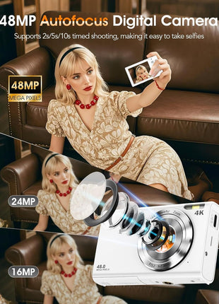 Digital Camera,Autofocus 4K Vlogging Camera for Photography with 32GB Card,48MP Portable Compact Point and Shoot Digital Camera for Teens Adult Beginner with 16X Zoom,Anti-Shake,2 Batteries(White)