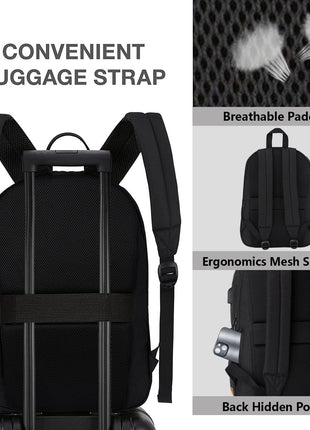 KEOFID Travel backpack for Men and Women, Anti Theft Laptop Backpack with USB Charging Port for Work, Large Bag for College, Carry-on Backpack with Luggage Strap, Water Resistent(Black)