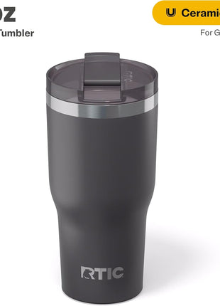 RTIC 30oz Essential Tumbler with Lid, Ceramic Lined, Graphite | Insulated, Stainless Steel Metal, Portable Travel Cup for Hot and Cold Drinks, Coffee, Car, Camping and Travel