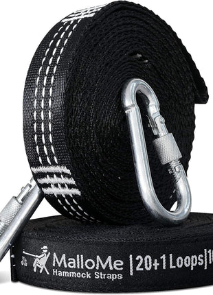 MalloMe XL Hammock Straps for Trees - Hammock Tree Straps Set 2000+ LBS Heavy Duty 40 Loops & 100% No Stretch Suspension System Kit - Camping Hammocks Accessories | 2 Carabiners | 12 Feet Black