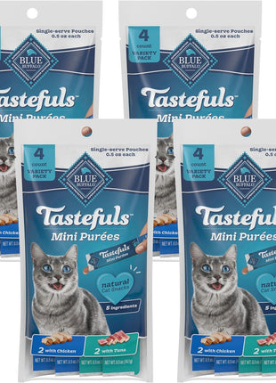 Blue Buffalo Tastefuls Mini Purées, Adult Cat Natural Single-Serving Snack, 4-Count Variety Pack Chicken and Tuna, 0.5 oz. (Pack of 4)
