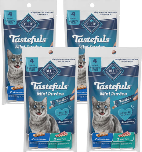Blue Buffalo Tastefuls Mini Purées, Adult Cat Natural Single-Serving Snack, 4-Count Variety Pack Chicken and Tuna, 0.5 oz. (Pack of 4)