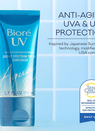 Biore UV Aqua Rich Daily Hydrating Facial Moisturizer with SPF 50 | Oil Free Sunscreen for Sensitive Skin with Hyaluronic Acid, Non-Comedogenic, Dermatologist Tested, 1.7 Oz/3 Pack