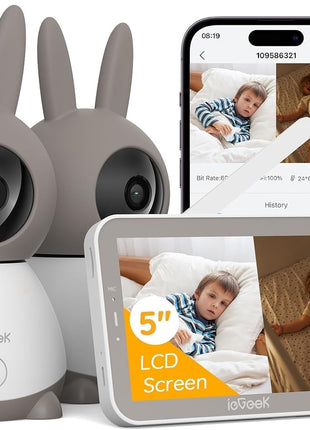 ieGeek 2K Split-Screen Baby Monitor, 5inch Audio Baby Monitor with 2 Cameras, WiFi Smartphone Video Dual Camera, Night Vision, Motion & Cry Detection, Two Way Talk Temper &Humidity Sensor