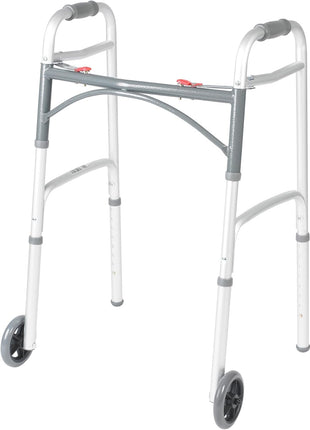 Drive Medical Two-Button Folding Walker with Wheels, Height Adjustable | Two-Button Rolling Walker Features Dual Push-Button Operation, Adjustable Height and Durable Aluminum Frame