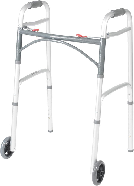 Drive Medical Two-Button Folding Walker with Wheels, Height Adjustable | Two-Button Rolling Walker Features Dual Push-Button Operation, Adjustable Height and Durable Aluminum Frame