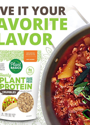 Plant Basics - Hearty Plant Protein - Unflavored Crumbles, 8 oz, Made from Peas, Non-GMO, Gluten Free, Low Fat, Low Sodium, Vegan, Meat Substitute