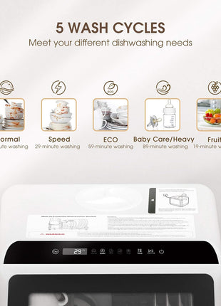 NOVETE Portable Countertop Dishwashers, Compact Dishwashers with 5L Built-in Water Tank & Inlet Hose, 5 Washing Programs, Baby Care, Air-Dry Function and LED Light for Small Apartments