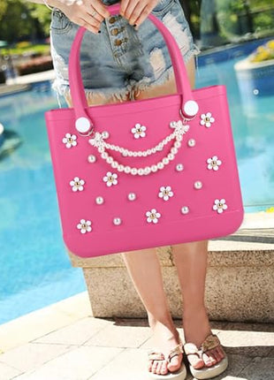 Charms for Bogg Bag,Decorative Flowers Pearls and Chain Set for Rubber Tote Bag, Must Have Accessories for Women Girls Simply Southern Beach Totes Bling Decoration