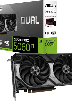ASUS Dual NVIDIA GeForce RTX 5060 Ti 8GB GDDR7 OC Edition Graphics Card (PCIe 5.0, DLSS 4, HDMI 2.1b, DisplayPort 2.1b, 2.5-Slot, Axial-tech Fan, 0dB Technology), 3 Year Warranty