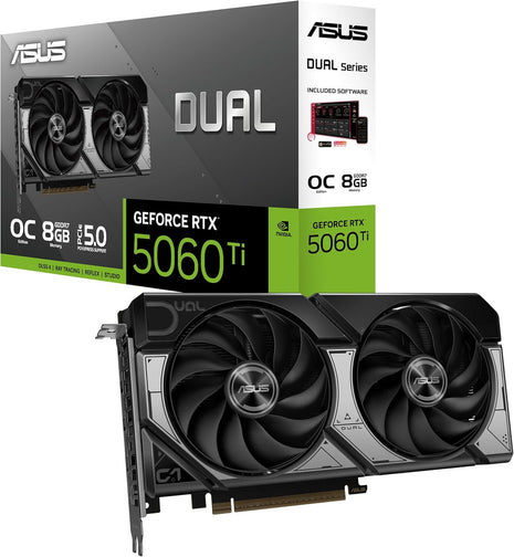 ASUS Dual NVIDIA GeForce RTX 5060 Ti 8GB GDDR7 OC Edition Graphics Card (PCIe 5.0, DLSS 4, HDMI 2.1b, DisplayPort 2.1b, 2.5-Slot, Axial-tech Fan, 0dB Technology), 3 Year Warranty