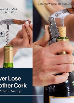 HiCoup Wine Opener - Professional Corkscrews for Wine Bottles w/Foil Cutter and Cap Remover - Manual Wine Key for Servers, Waiters, Bartenders and Home Use - Classic Rosewood