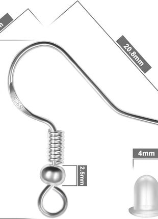 925 Sterling Silver Earring Hooks 120 PCS/60 Pairs, Ear Wires Fish Hooks, Hypo-allergenic Jewelry Findings Parts with 120 PCS Clear Silicone Earring Backs