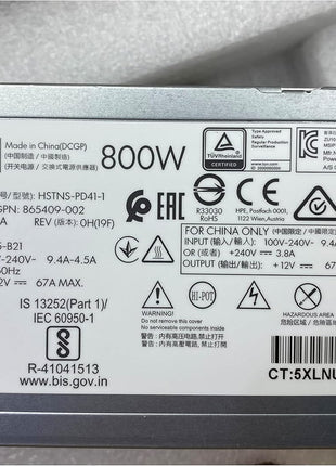 New 800W Flex Slot Platinum Hot Plug Low Halogen Power Supply Kit Compatible with HPE Server 865414-B21 865409-002 P38995-B21 P39385-001
