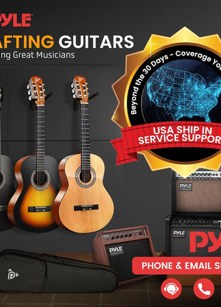 Pyle Beginner Acoustic Guitar Kit, 1/4 Junior Size All Wood Build Nylon Stringed Instrument with Capo, Strap, Extra String Set, Gig Bag, Guitars for Beginners Adults Youth, 30" Natural Gloss