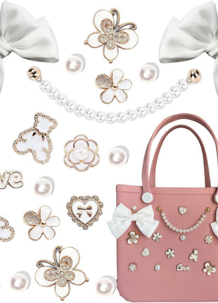 Charms for Bogg Bag,Pearls,Butterfly Flowers and Chain for Bogg Bag Accessories Charms(20 pcs)