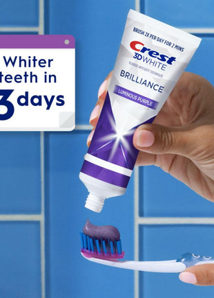 Crest 3D White Brilliance Luminous Purple Teeth Whitening Toothpaste, 4.6 oz Pack of 3, Anticavity Fluoride Toothpaste, Fights 100% More Surface Stains, 24 Hour Active Stain Prevention
