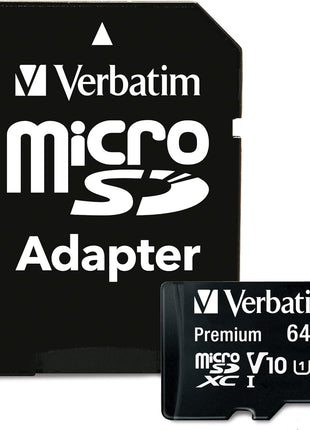 Verbatim 64GB Premium MicroSDXC Memory Card with Adapter UHS-I V10 Class 10 Supports Full HD (1080p) U1 Speed Rated Up to 90MB/s Read Speed