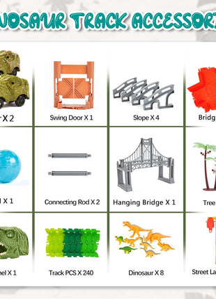 Dinosaur Race Track Toy for Kids Ages 3-6 | Flexible Track Playset with 2 Light-Up Dino Cars, 8 Dinosaur Figures, Tunnel, Bridge & Accessories, Buildable Gift for Boys