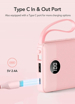 VRURC Portable Charger Power Bank, Built-in 4 Cables & 2 Ports,10000mAh Slim Battery Pack with LED Display, Travel Essential USB C Portable Phone Charger for All Cell Phones Devices-Pink(1 Pack)