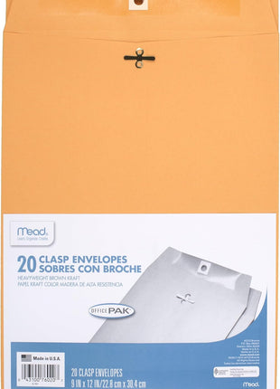 Mead Envelopes, 9 inch x 12 inch, Clasp Closure, Brown Kraft All-Purpose 24-lb Paper Mailing Envelopes, 20 Count (76020)
