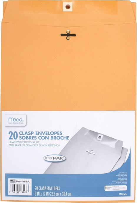 Mead Envelopes, 9 inch x 12 inch, Clasp Closure, Brown Kraft All-Purpose 24-lb Paper Mailing Envelopes, 20 Count (76020)