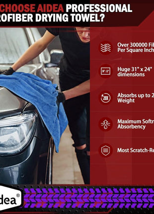 AIDEA Microfiber Towels for Cars-2PK, Large Professional Car Drying Towel, Scratch-Free & Absorbent Drying Towel for Cars, SUVs, RVs, Trucks, and Boats, 24inx 31in, Blue