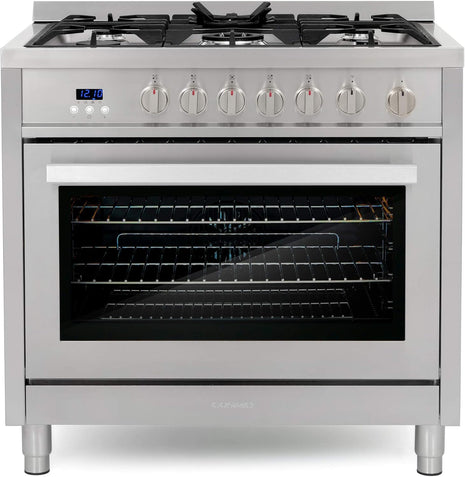 36 in. Nebula Coll 4.4 cu ft 5 Burner Gas Range Convection, Stainless Steel | Cosmo COS-965AGFC Oven Fan Circulation, Cast Iron Grates, Digital Display with Timer, Metal Knobs, Liquid Propane Convertible